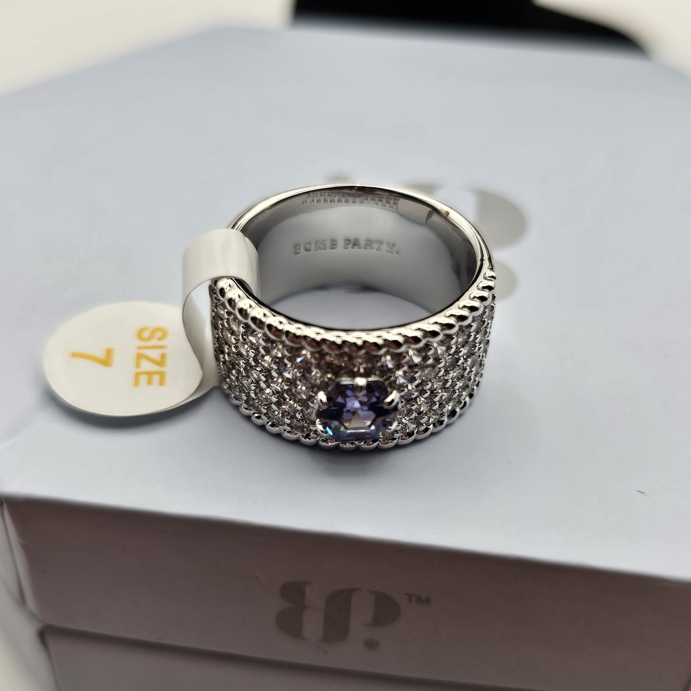 NEW Bomb Party "She's Beauty & Grace" Ring Size 7 Tanzanite CZ on Rhodium $144